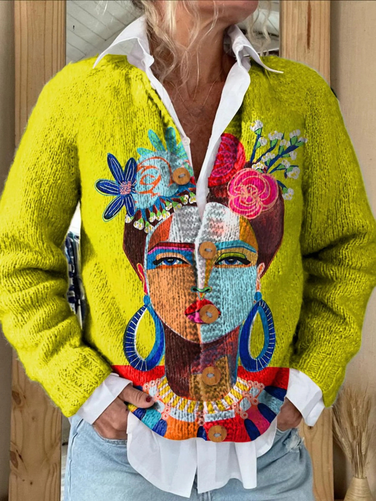 Women's Abstract Print Cardigan – Button Front Cardigan – Elara