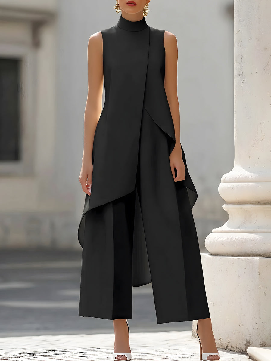 Women's Sleeveless Layered Jumpsuit – High Neck Asymmetrical Flowy Jumpsuit