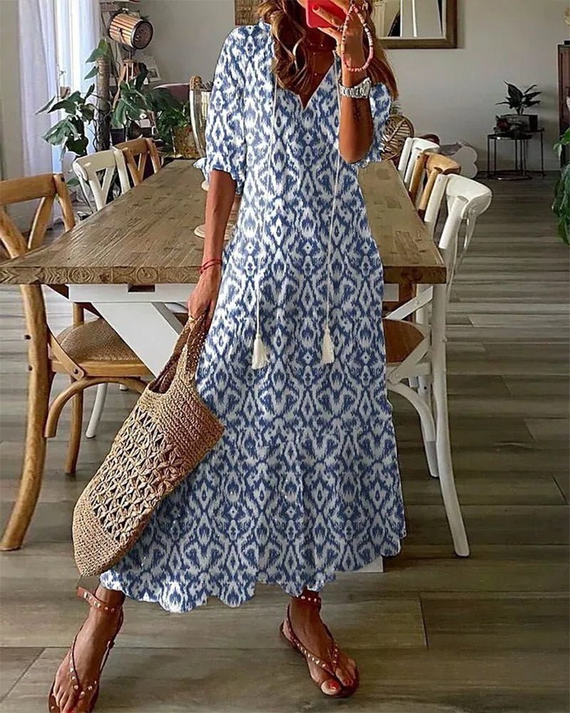 Women's Geometric Boho Dress – V-Neck Lantern Sleeve Dress