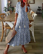 Women's Geometric Boho Dress – V-Neck Lantern Sleeve Dress
