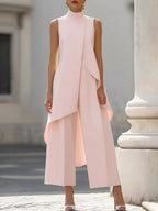 Women's Sleeveless Layered Jumpsuit – High Neck Asymmetrical Flowy Jumpsuit