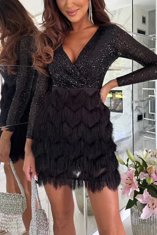 Women's Sparkle V-Neck Dress – Sequin Fitted Evening Party Dress