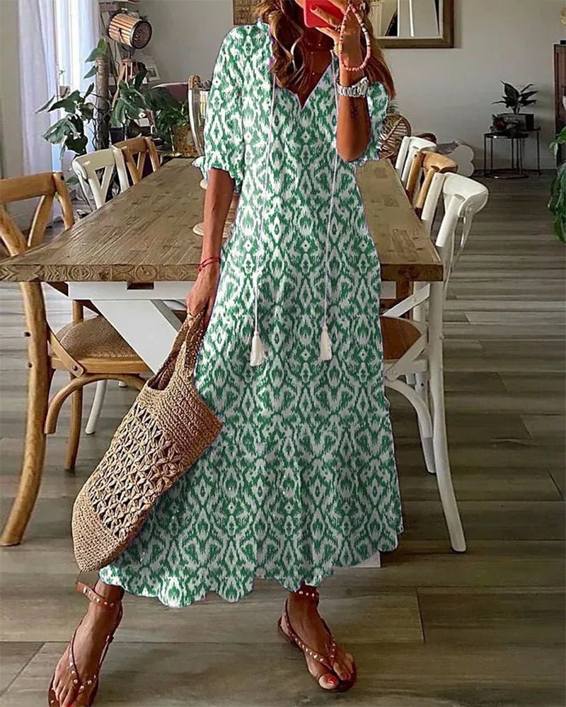 Women's Geometric Boho Dress – V-Neck Lantern Sleeve Dress