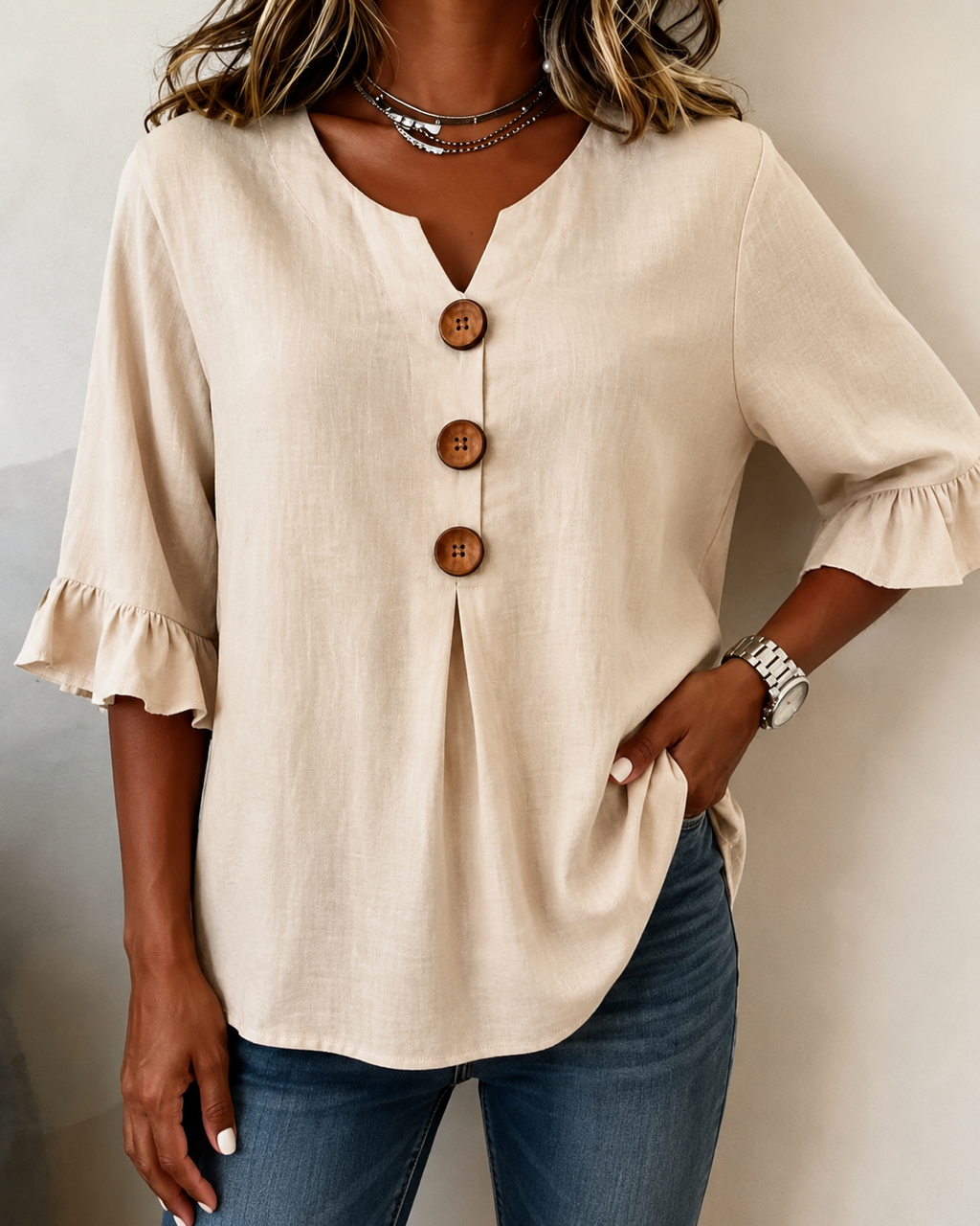 Women's Ruffle Button Blouse – Relaxed Flowy Long Sleeve Blouse