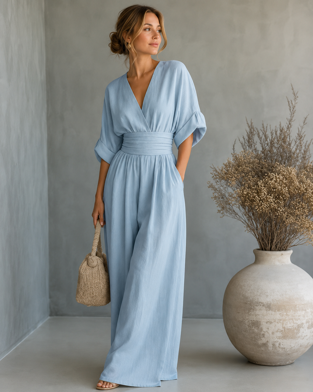 Women's V-Neck Wrap Wide Leg Jumpsuit – Cinched Waist Formal Occasion Jumpsuit