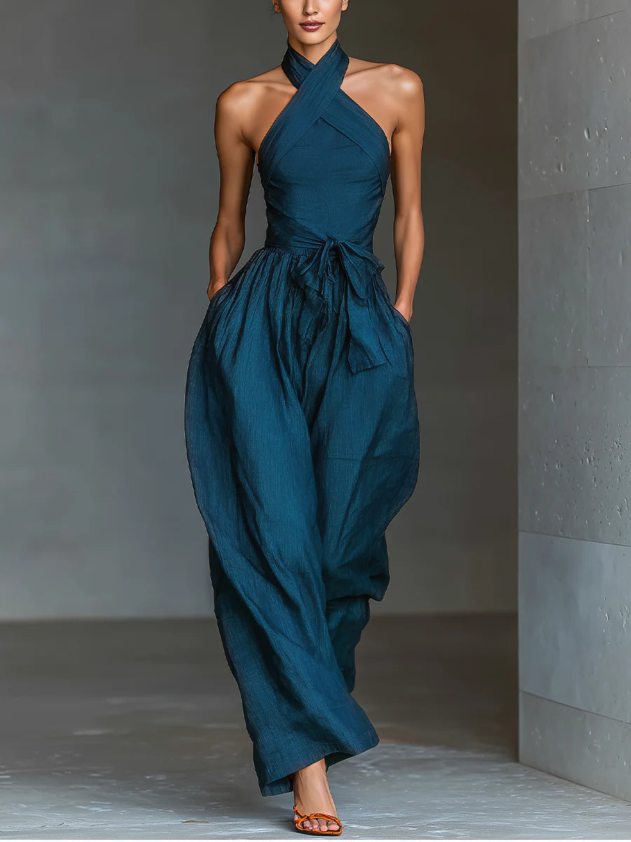 Women's Cross Halter Wide Leg Jumpsuit – Sleeveless Side Pocket Casual Jumpsuit