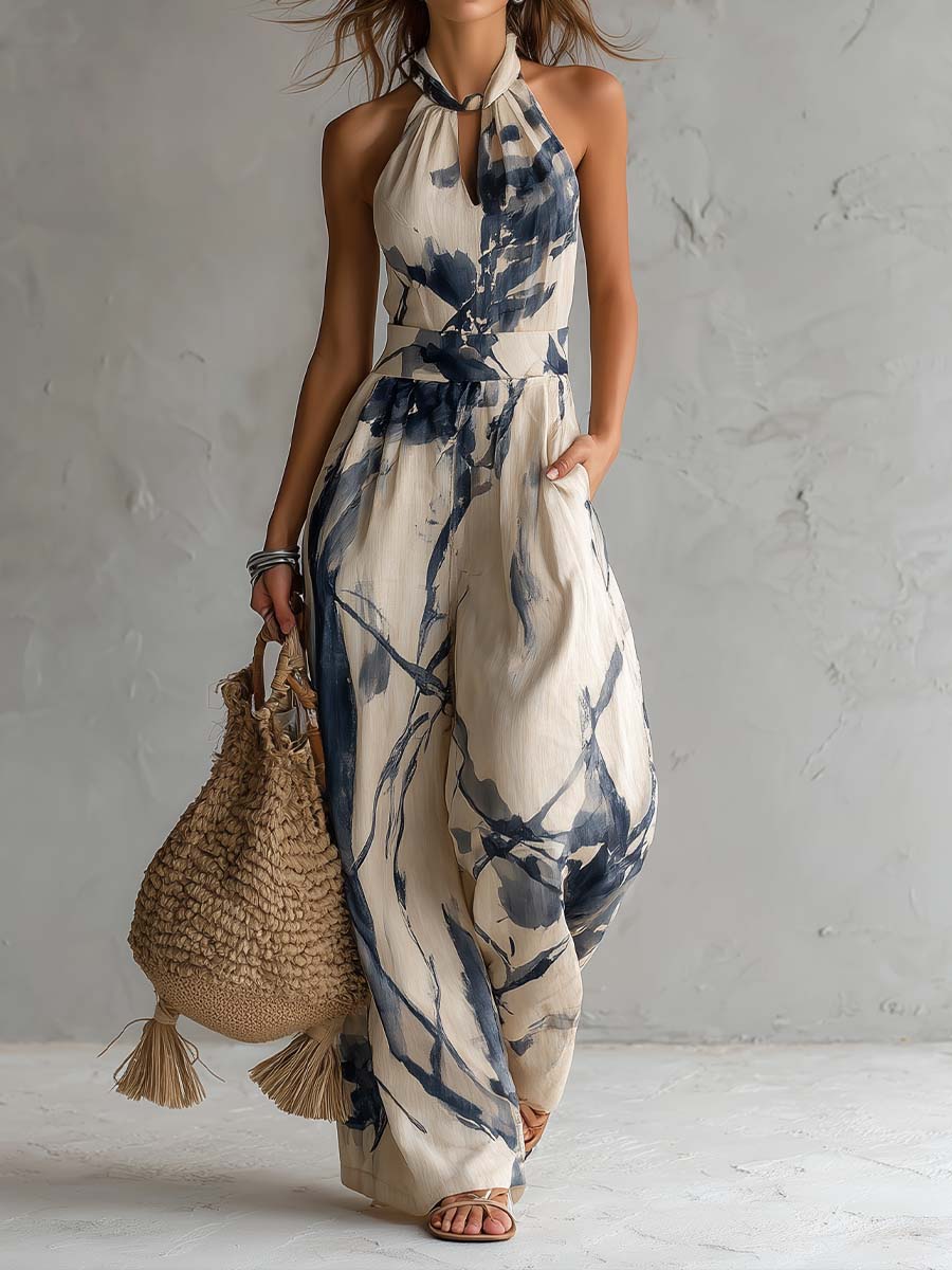 Women's Tummy Control Wide Leg Jumpsuit – Halter Neck Patterned Jumpsuit