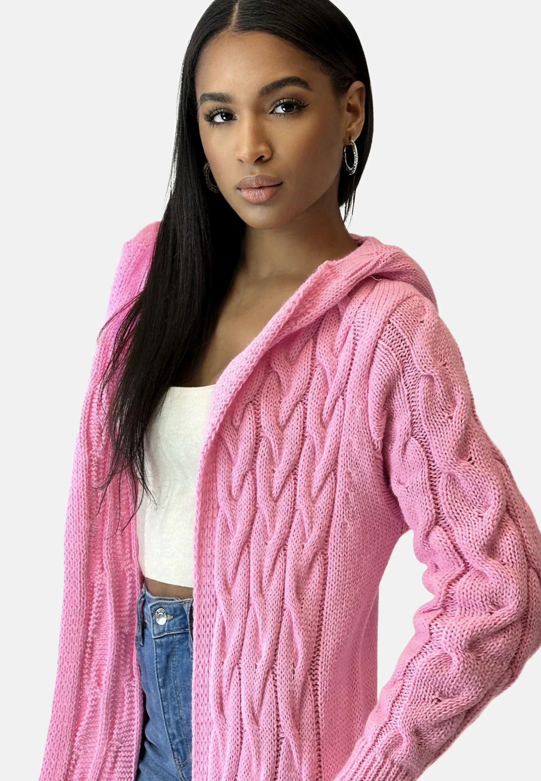 Women's Long Hooded Cardigan – Textured Cold Weather Cardigan