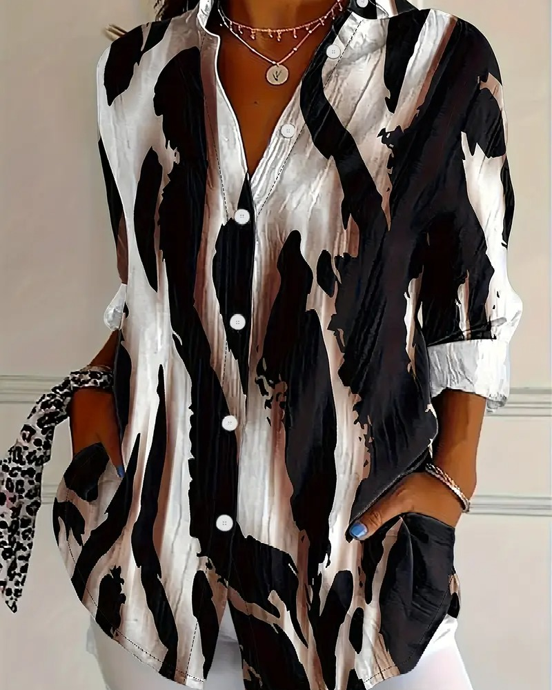 Women's Printed Stand Collar Blouse – Asymmetrical Long Sleeve Blouse