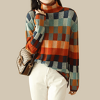 Women's Patchwork High Neck Sweater – Patterned Turtleneck Knit Pullover