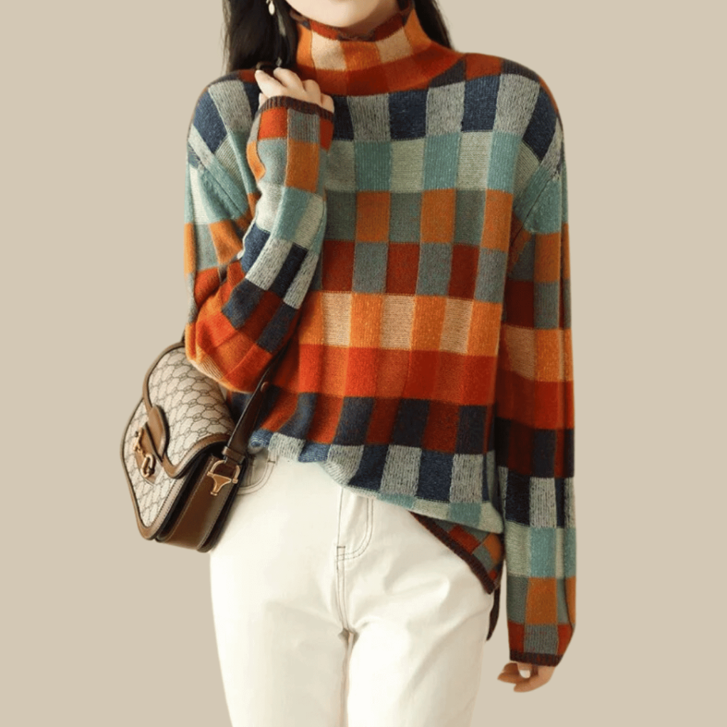 Women's Patchwork High Neck Sweater – Patterned Turtleneck Knit Pullover