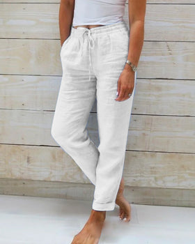 Women's Straight Leg Drawstring Pants – Elastic Waist Casual Pocket Trousers