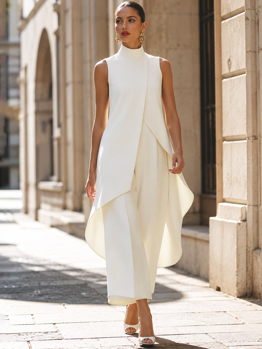 Women's Sleeveless Layered Jumpsuit – High Neck Asymmetrical Flowy Jumpsuit