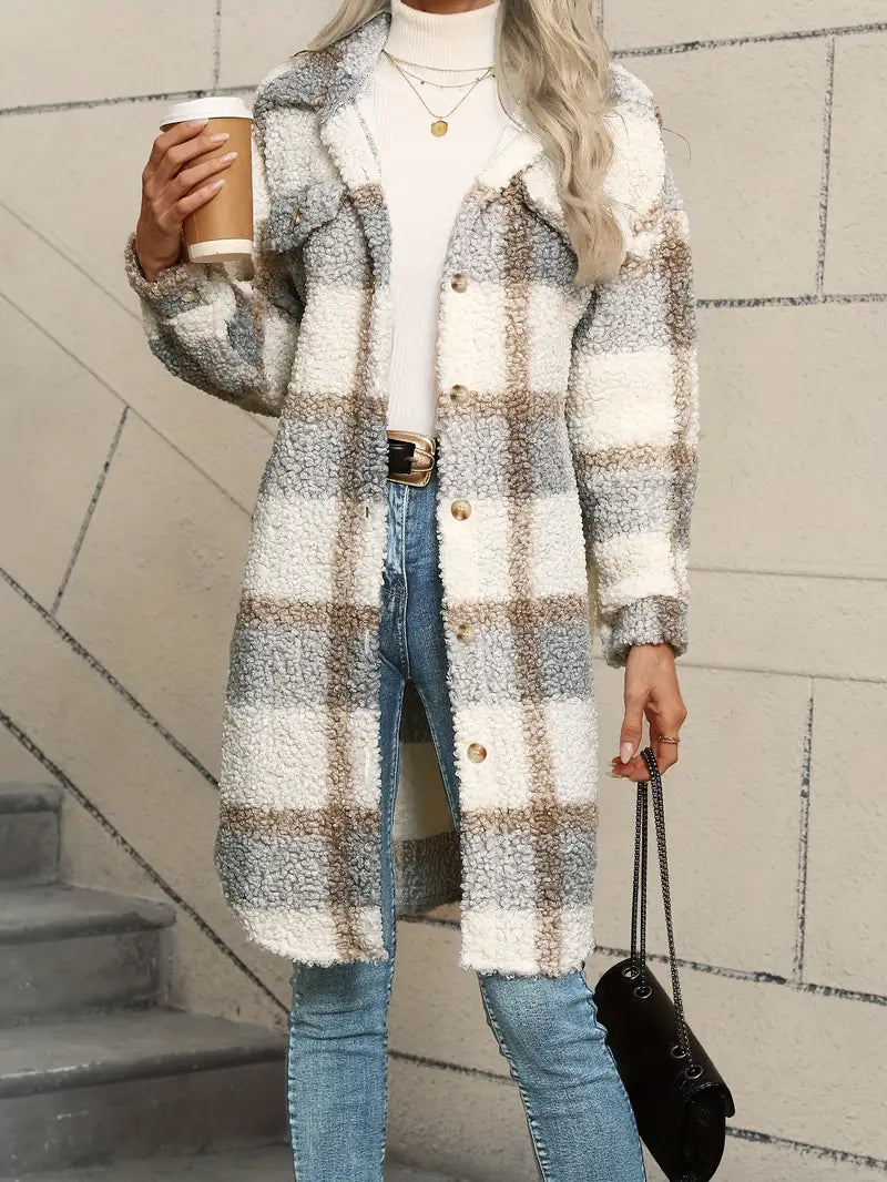 Women's Checked Teddy Coat – Oversized Fleece Winter Coat