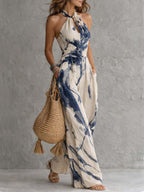 Women's Tummy Control Wide Leg Jumpsuit – Halter Neck Patterned Jumpsuit