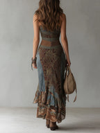 Women's Boho Halter Midi Dress – Asymmetrical Ruffle Slit Dress