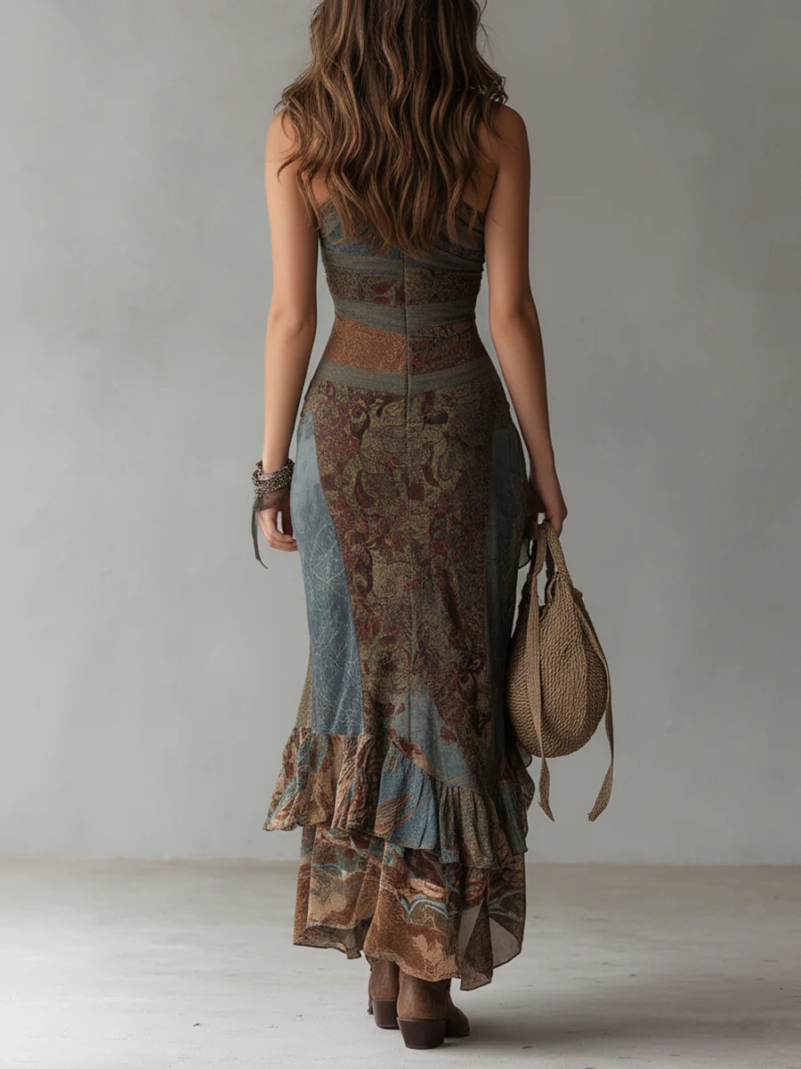 Women's Boho Halter Midi Dress – Asymmetrical Ruffle Slit Dress