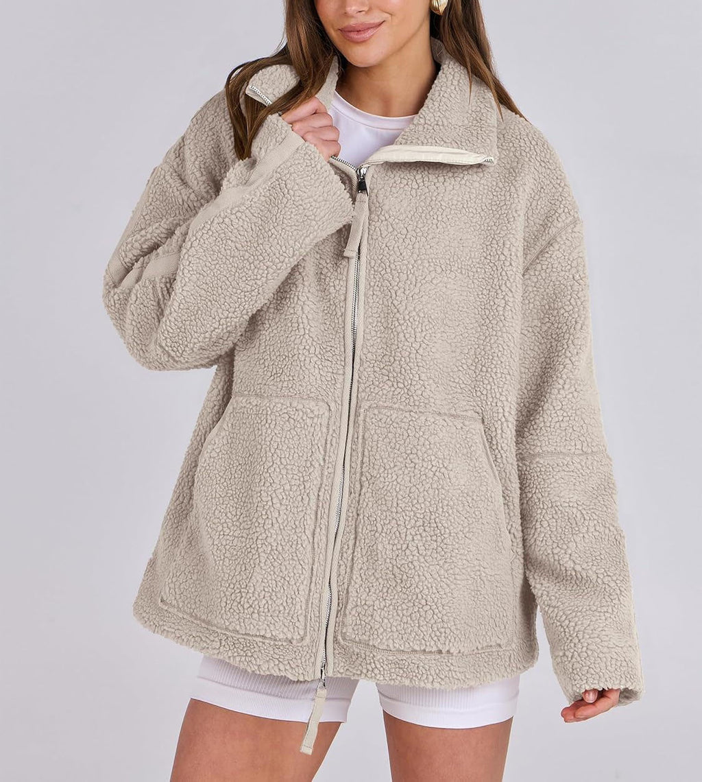 Women's Oversized Fleece Jacket – Zip-Up Long Sleeve Winter Jacket
