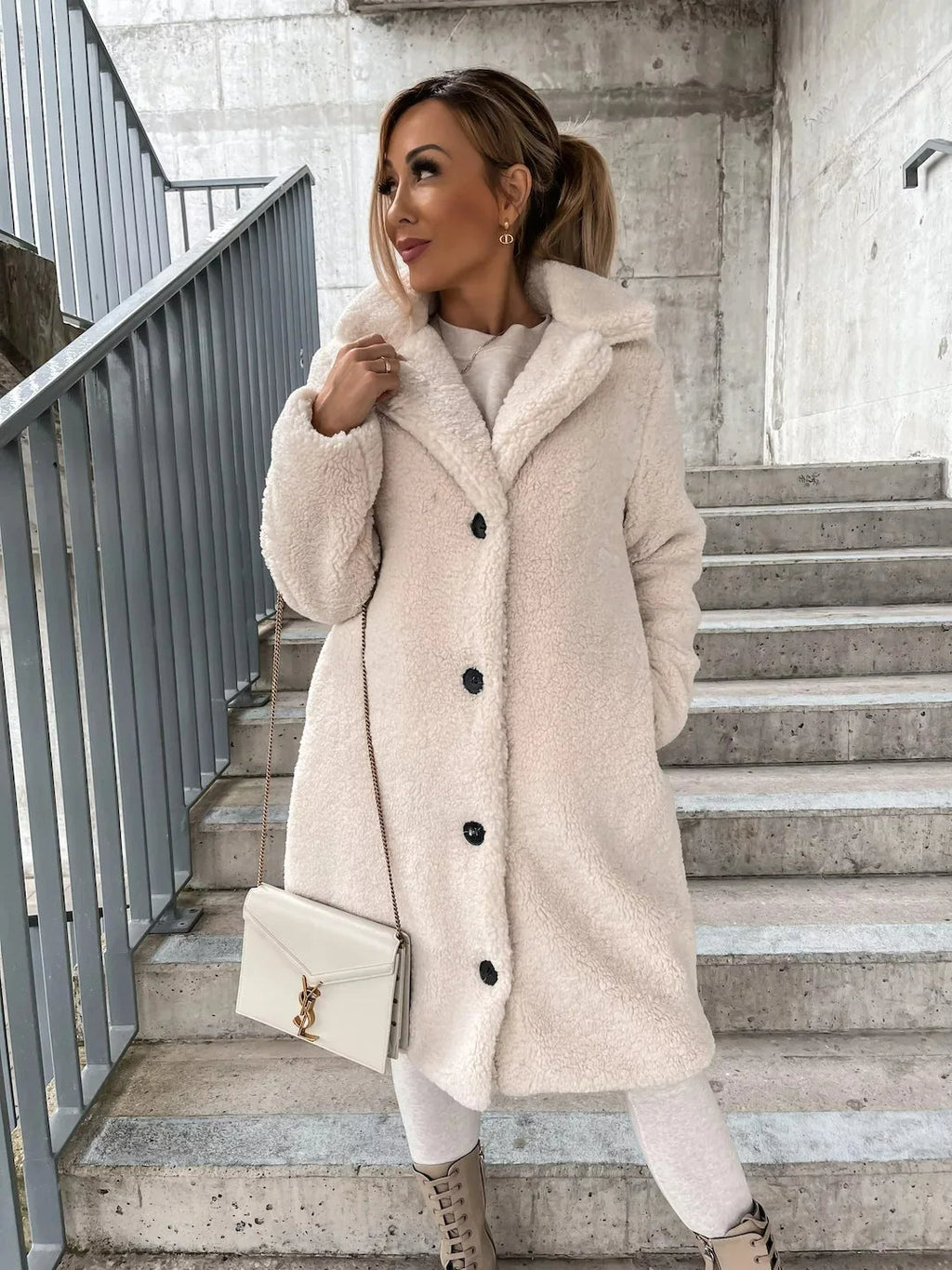 Women's Plush Longline Coat – Soft Textured Button Front Trench Coat