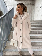 Women's Plush Longline Coat – Soft Textured Button Front Trench Coat