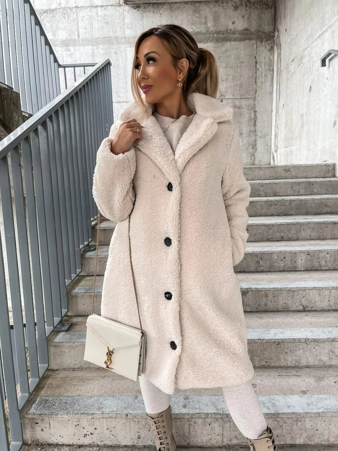 Women's Plush Longline Coat – Soft Textured Button Front Trench Coat