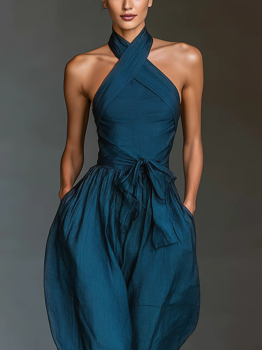Women's Cross Halter Wide Leg Jumpsuit – Sleeveless Side Pocket Casual Jumpsuit