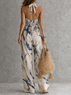 Women's Tummy Control Wide Leg Jumpsuit – Halter Neck Patterned Jumpsuit