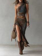 Women's Boho Halter Midi Dress – Asymmetrical Ruffle Slit Dress
