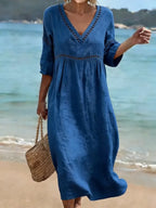 Women's V-Neck Midi Dress – Short Sleeve Pocket Summer Dress