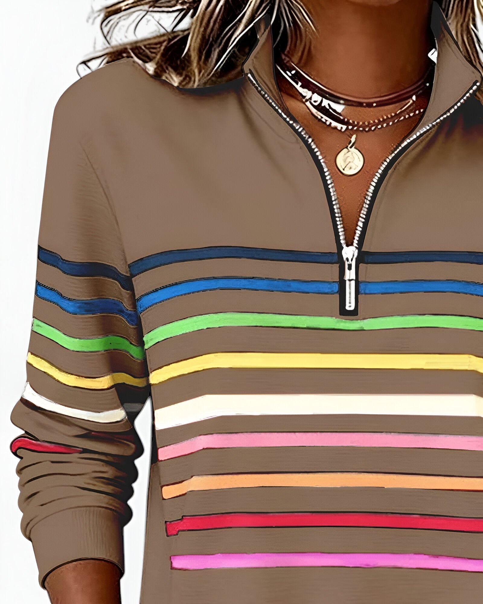 Women's Striped Zip Sweater – High Neck Zip Front Pullover