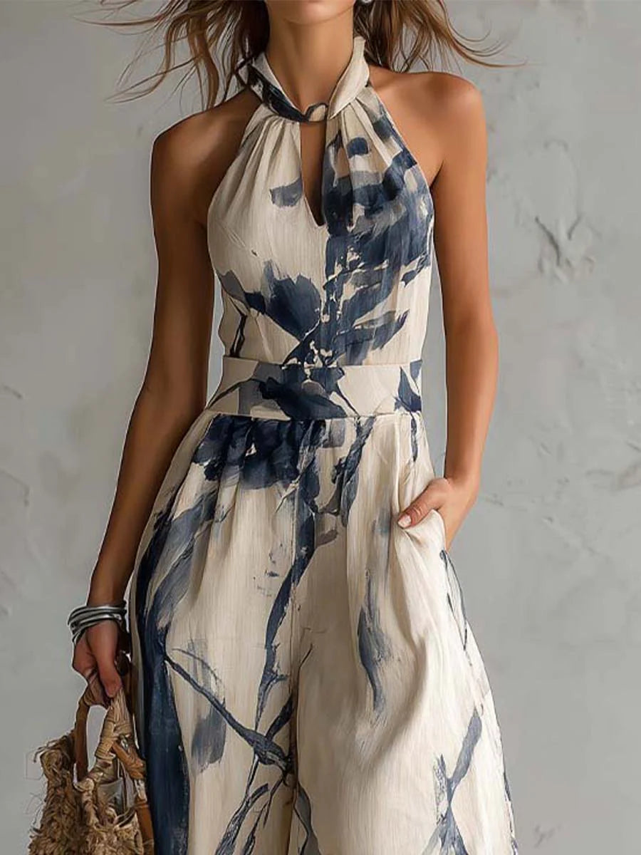 Women's Tummy Control Wide Leg Jumpsuit – Halter Neck Patterned Jumpsuit