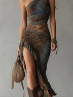 Women's Boho Halter Midi Dress – Asymmetrical Ruffle Slit Dress