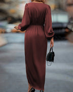 Women's V-Neck A-Line Midi Dress – Balloon Sleeve Cocktail Dress