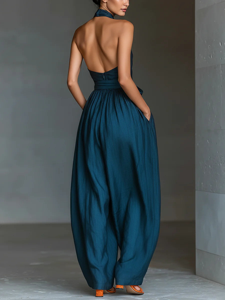 Women's Cross Halter Wide Leg Jumpsuit – Sleeveless Side Pocket Casual Jumpsuit