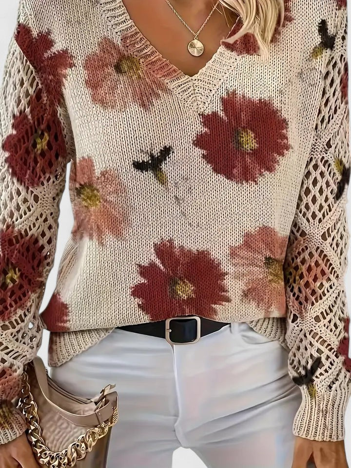 Women's Floral Button Cardigan – V-Neck Flower Pattern Knit Cardigan