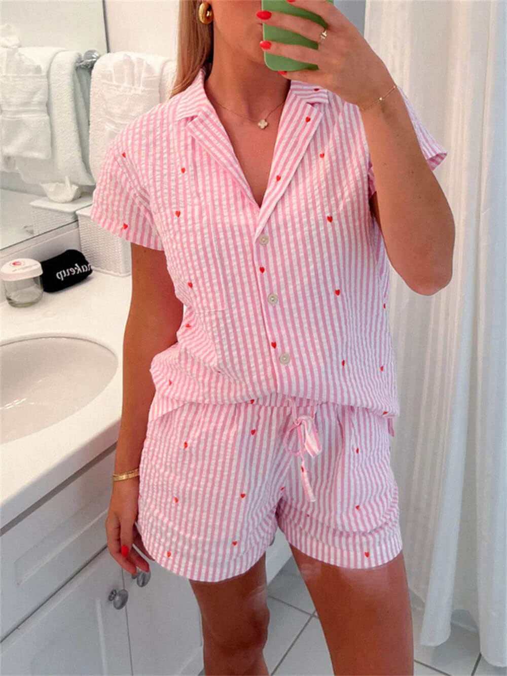 Women's Pajama Shorts Set – Button Down Shirt & Elastic Waist Shorts