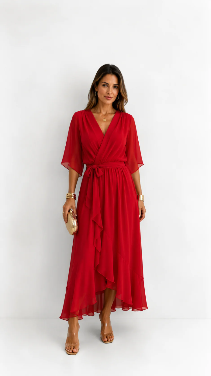 Women's Chiffon Wrap Dress – V-Neck Tie Waist Flowy Occasion Dress