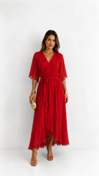 Women's Chiffon Wrap Dress – V-Neck Tie Waist Flowy Occasion Dress