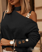 Women's Off-Shoulder Sweater – Chain Strap Button Detail Knit Sweater