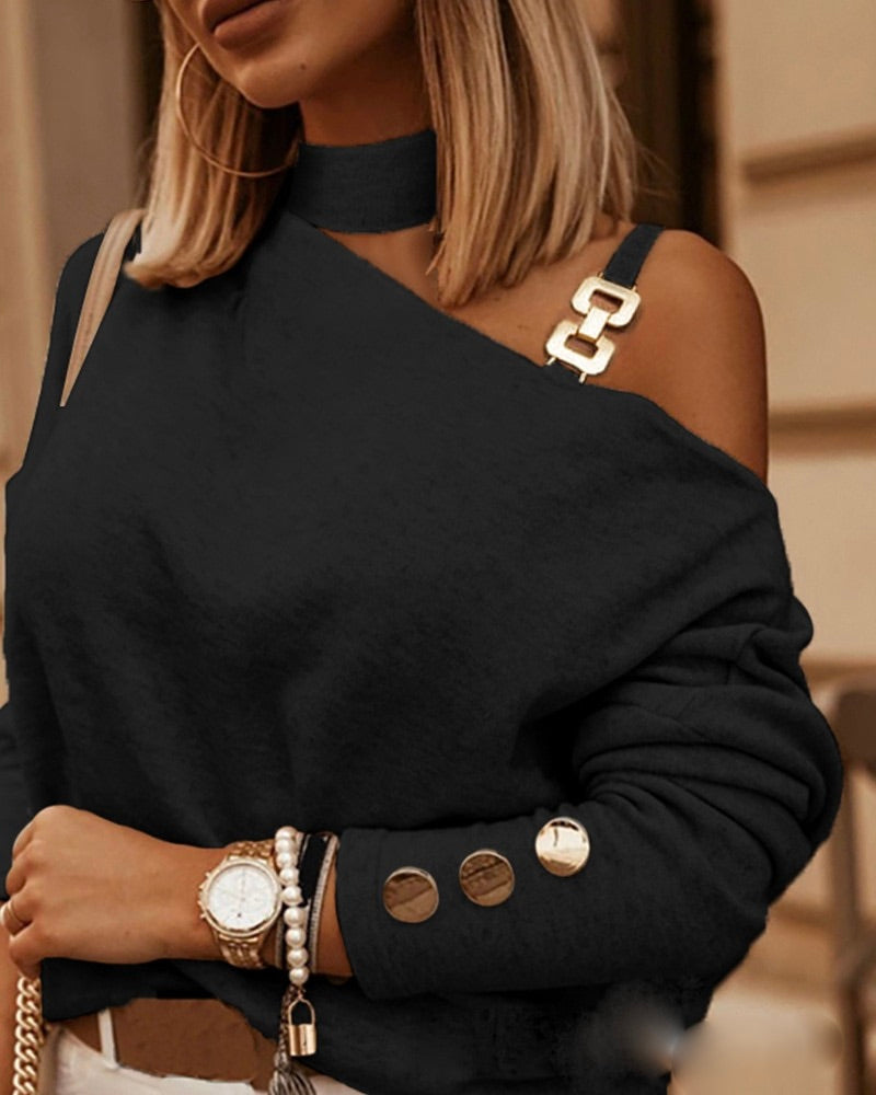 Women's Off-Shoulder Sweater – Chain Strap Button Detail Knit Sweater