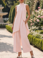 Women's Sleeveless Layered Jumpsuit – High Neck Asymmetrical Flowy Jumpsuit