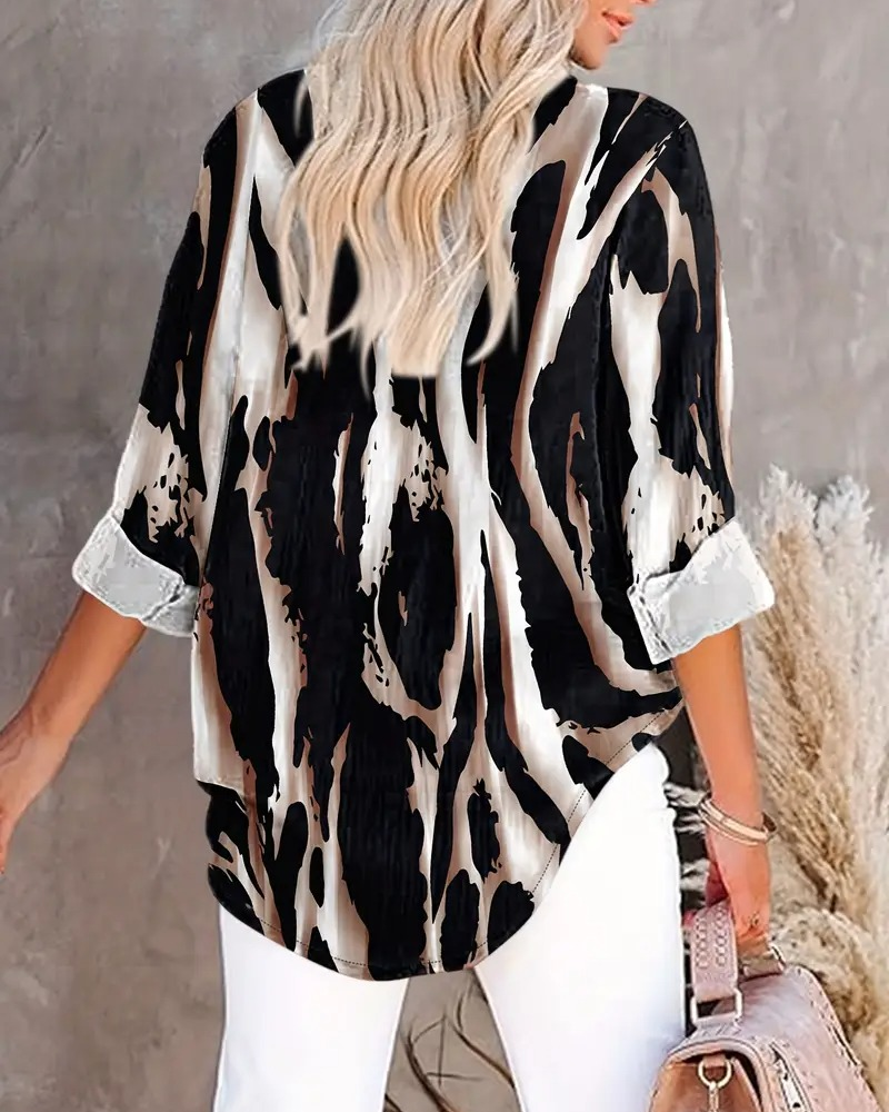 Women's Printed Stand Collar Blouse – Asymmetrical Long Sleeve Blouse