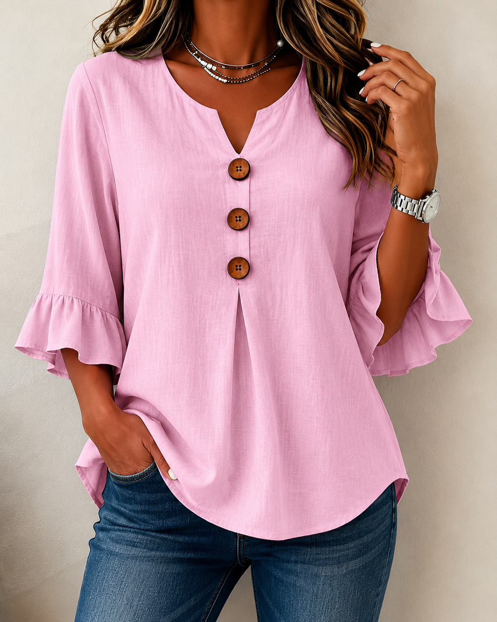 Women's Ruffle Button Blouse – Relaxed Flowy Long Sleeve Blouse