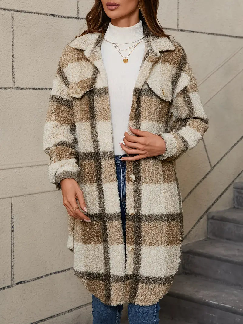 Women's Checked Teddy Coat – Oversized Fleece Winter Coat