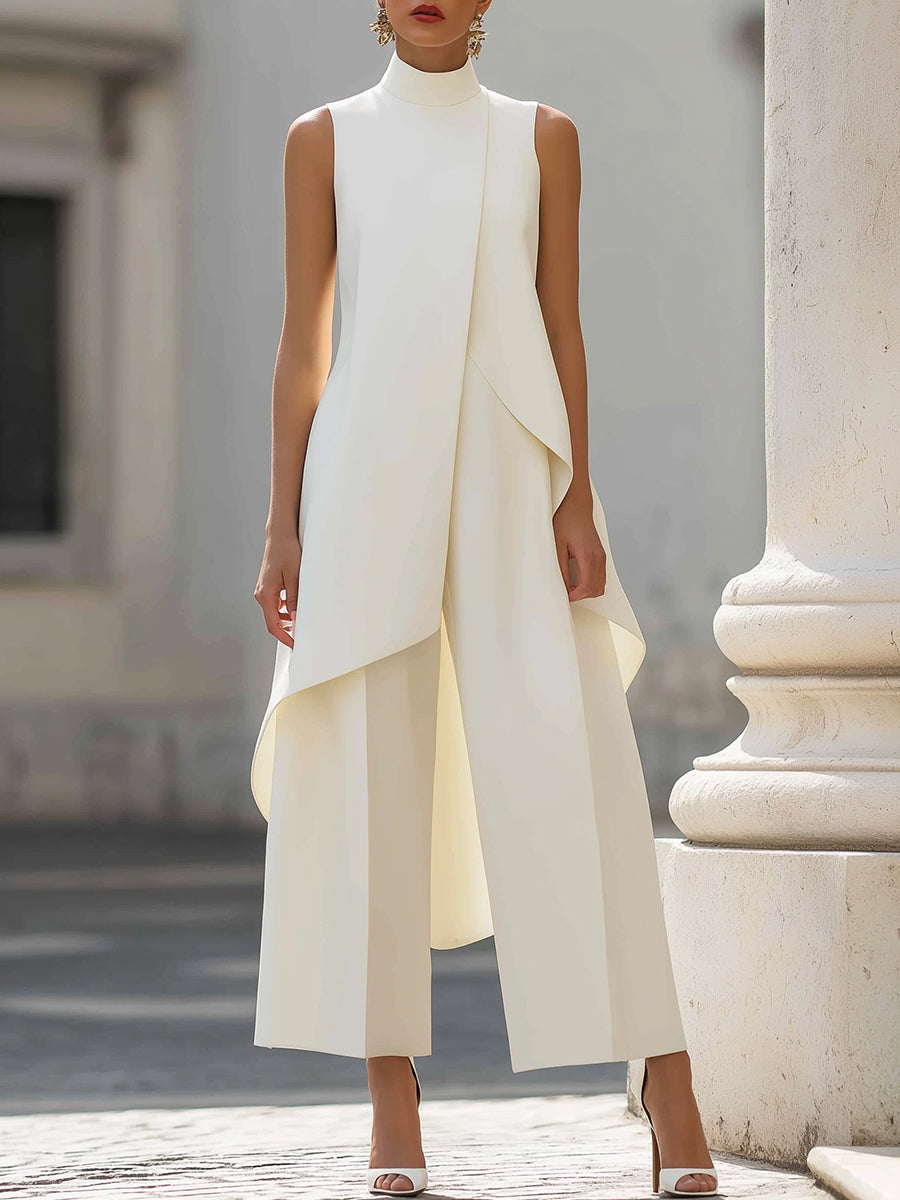 Women's Sleeveless Layered Jumpsuit – High Neck Asymmetrical Flowy Jumpsuit