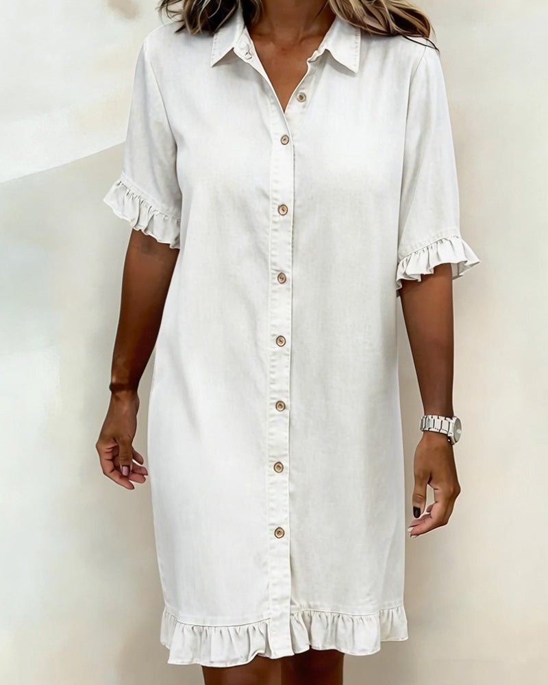 Women's Button Front Shirt Dress – Knee-Length Flounce Sleeve Dress
