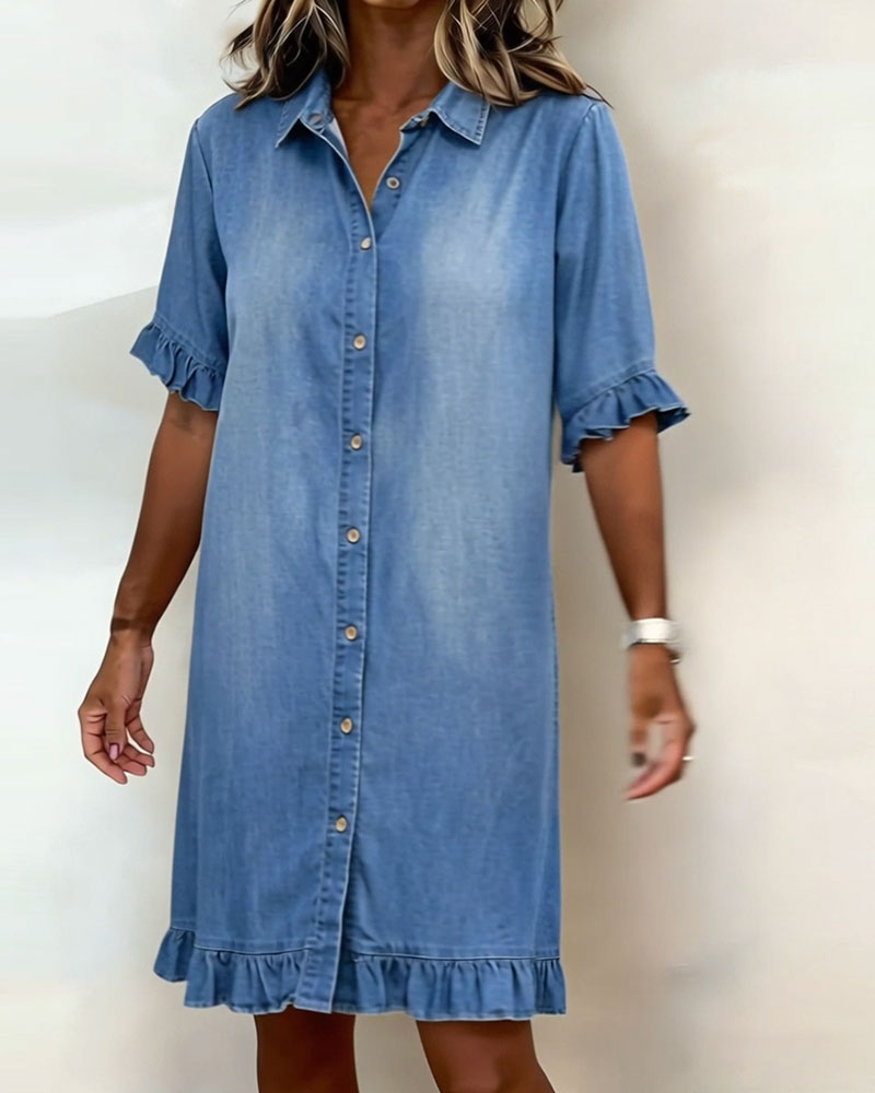 Women's Button Front Shirt Dress – Knee-Length Flounce Sleeve Dress