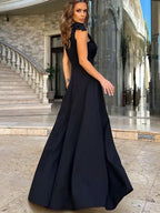 Women's V-Neck Evening Maxi Dress – Fitted Bodice Side Slit Formal Gown