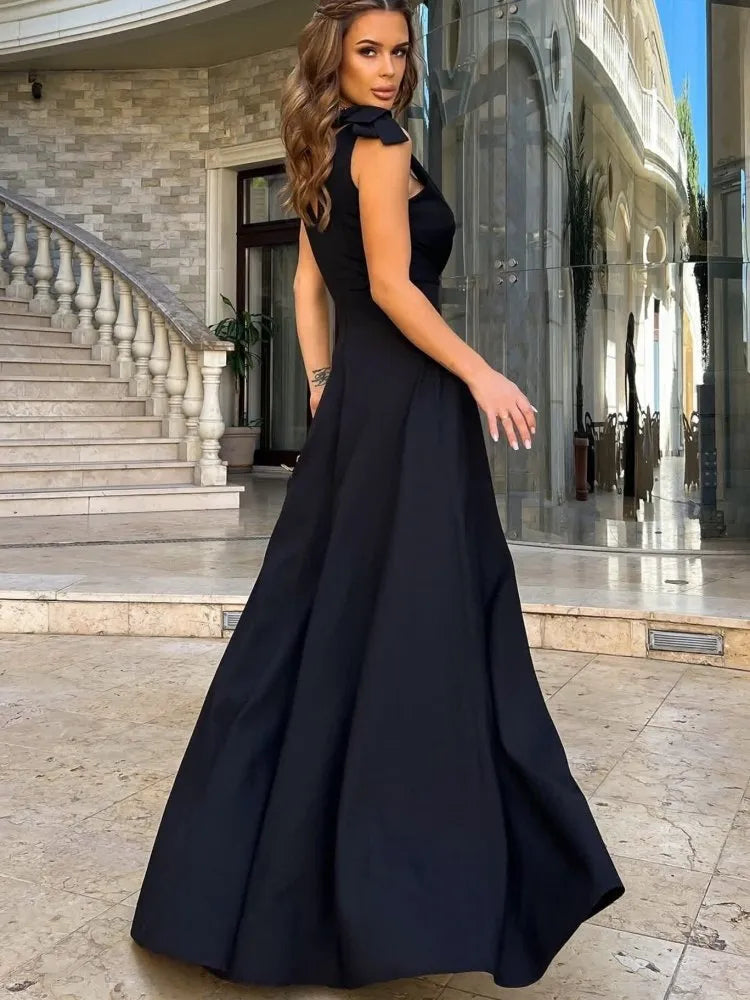 Women's V-Neck Evening Maxi Dress – Fitted Bodice Side Slit Formal Gown