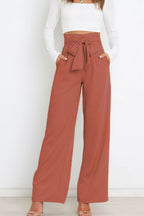 Women's Paperbag Waist Trousers – High Waist Bow Detail Wide Leg Pants